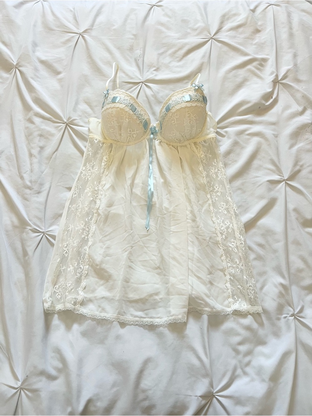 In Bloom Ivory Sheer Lace Chemise with Pale Blue Trim